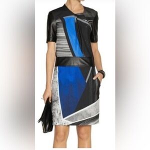 Helmut Lang Fracture Print Dress with Leather Sleeves and Waist Lamb Skin
